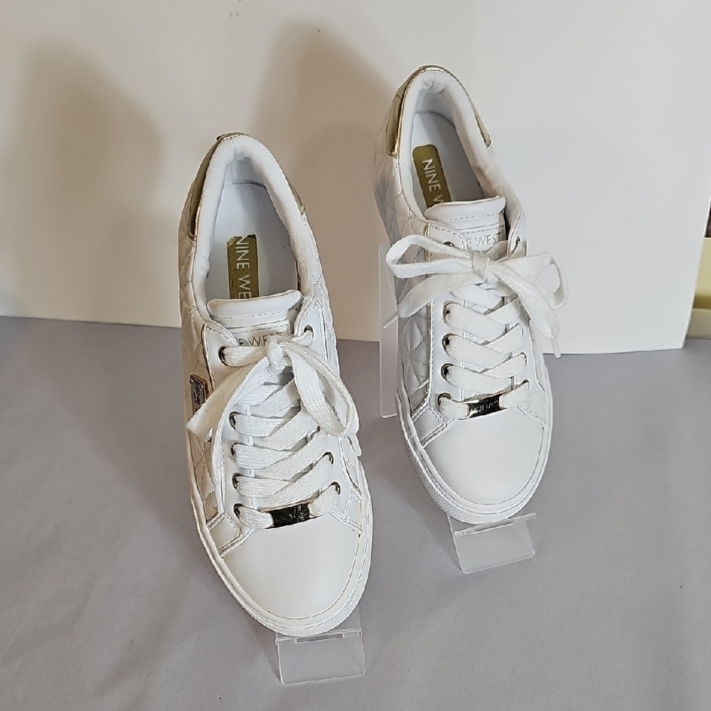 Nine West White and Gold Quilted Sneakers Size 5.5